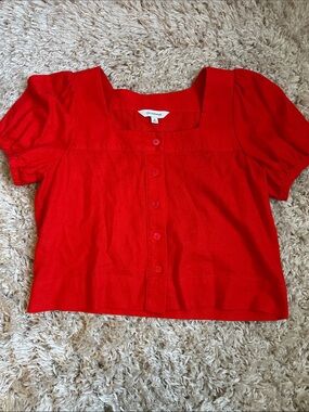 Calligraphie Linen Blend Red Square-Neck Button Front Puff Sleeve Peasant Top